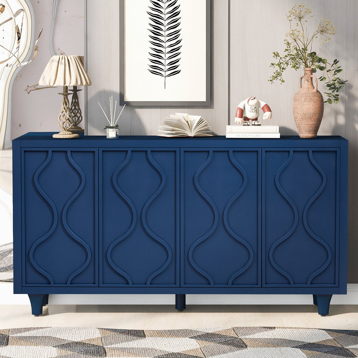 Storage Cabinet Sideboard Wooden Cabinet with Embossed Curved Doors