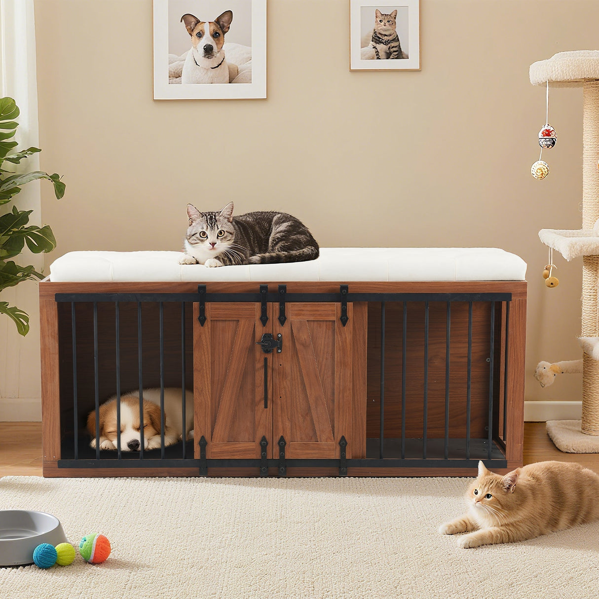 2 in 1 Dog Crate with Padded Seat Walnut 56'L Furniture Style