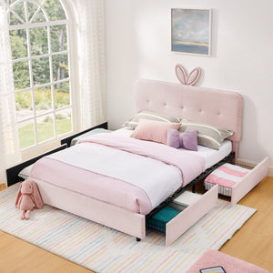 Queen Size Kids Upholstered Bed with Oversized Rabbit Ear Headboard, LED Light & 4 Storage Drawers, Boucle Fabric (84.5''X62.75''X41'')