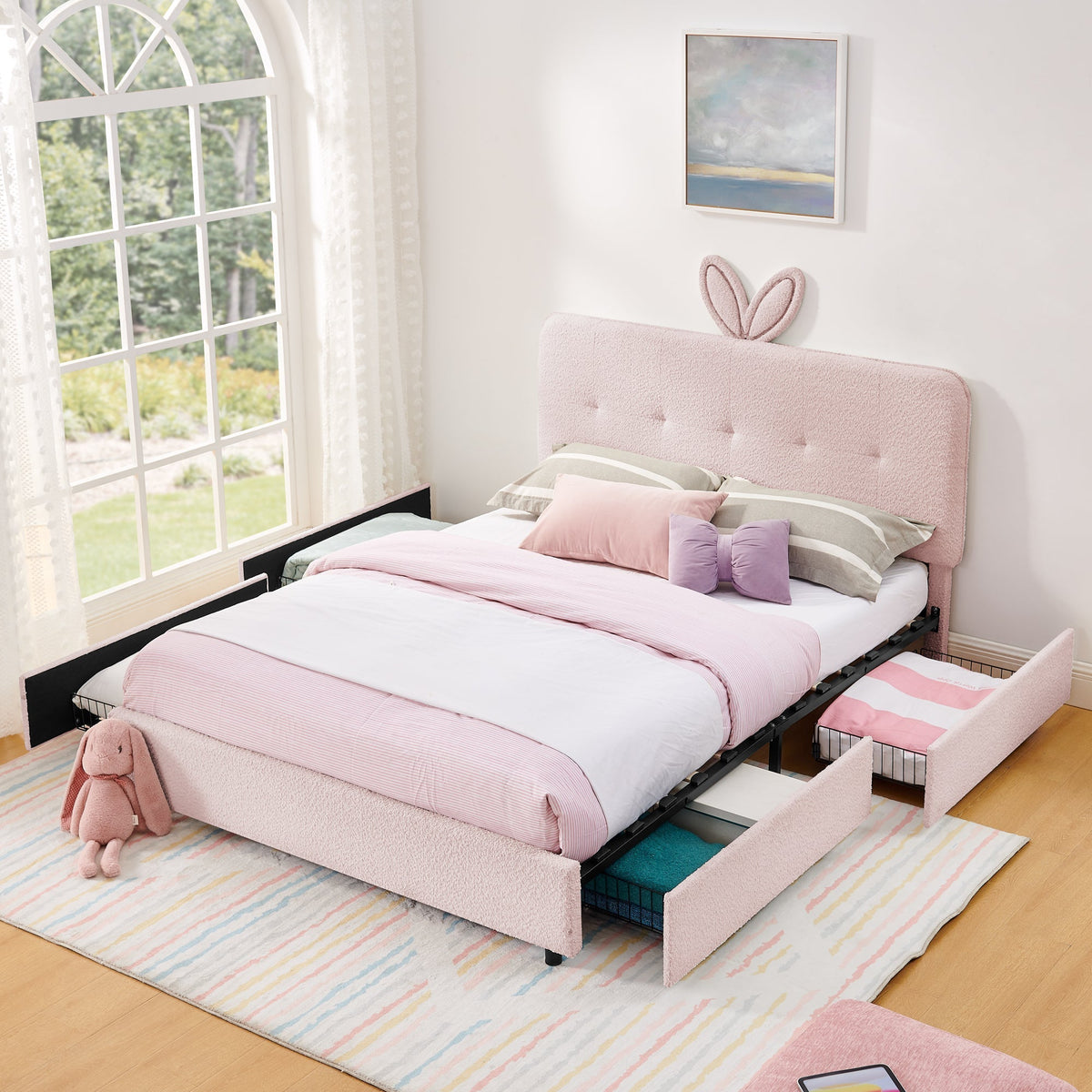 Queen Size Kids Upholstered Bed with Oversized Rabbit Ear Headboard, LED Light & 4 Storage Drawers, Boucle Fabric (84.5''X62.75''X41'')