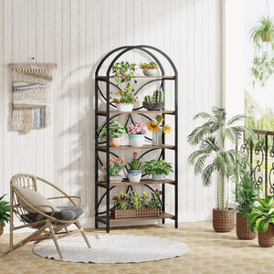 Tall 5 Tier Arched Bookshelf With Shelves For Living Room - Rustic Brown