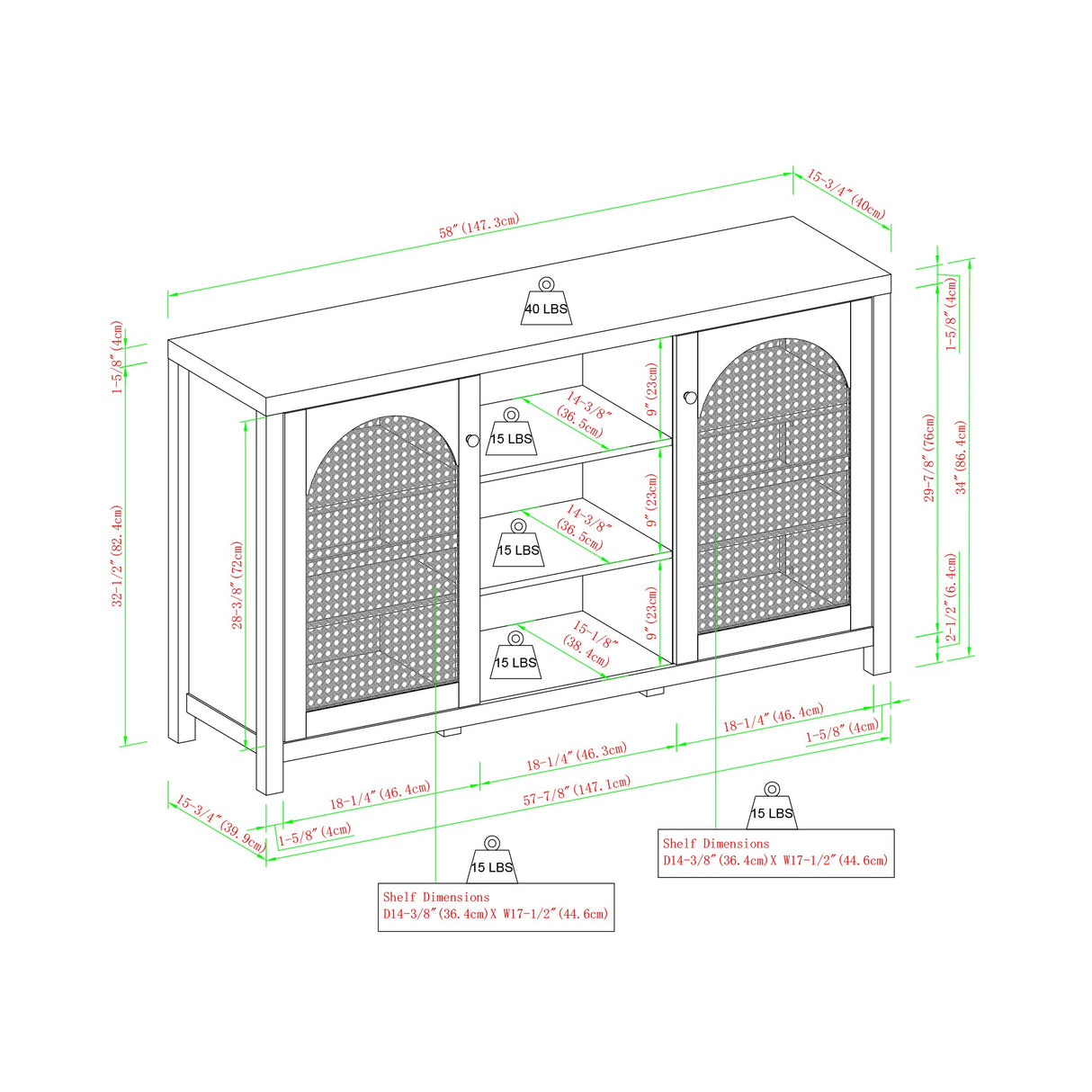Celestialix 58" 2-Door Sideboard with Arched Rattan Panels