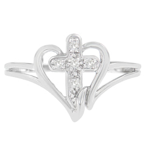 10K White Gold Diamond-Accented Cross & Open Heart Promise Fashion Ring (H-I Color, I1-I2 Clarity) - Size 7