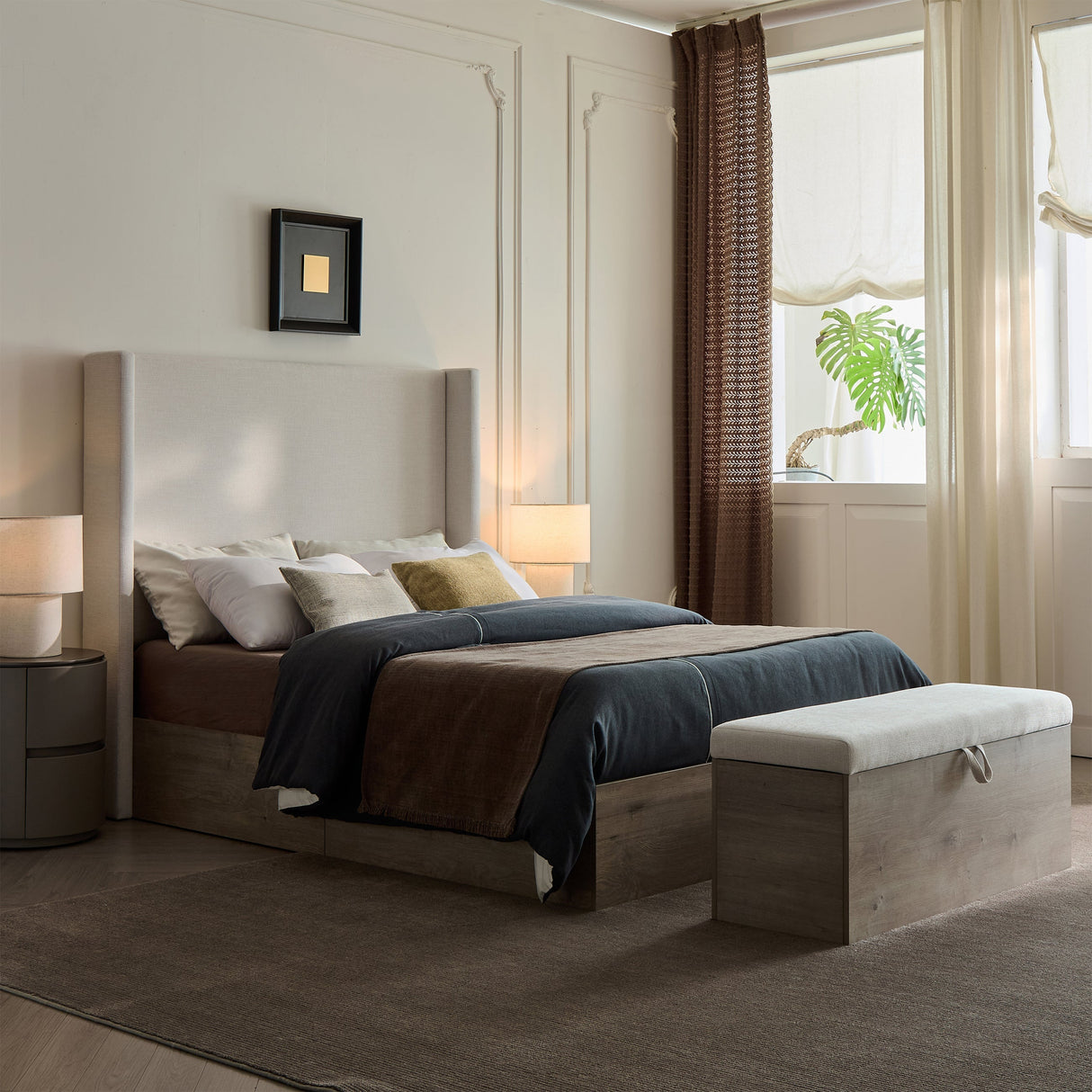 Shelton Upholstered Wingback Bed with 54-inch High Headboard in Textured Ivory Canvas Chenille