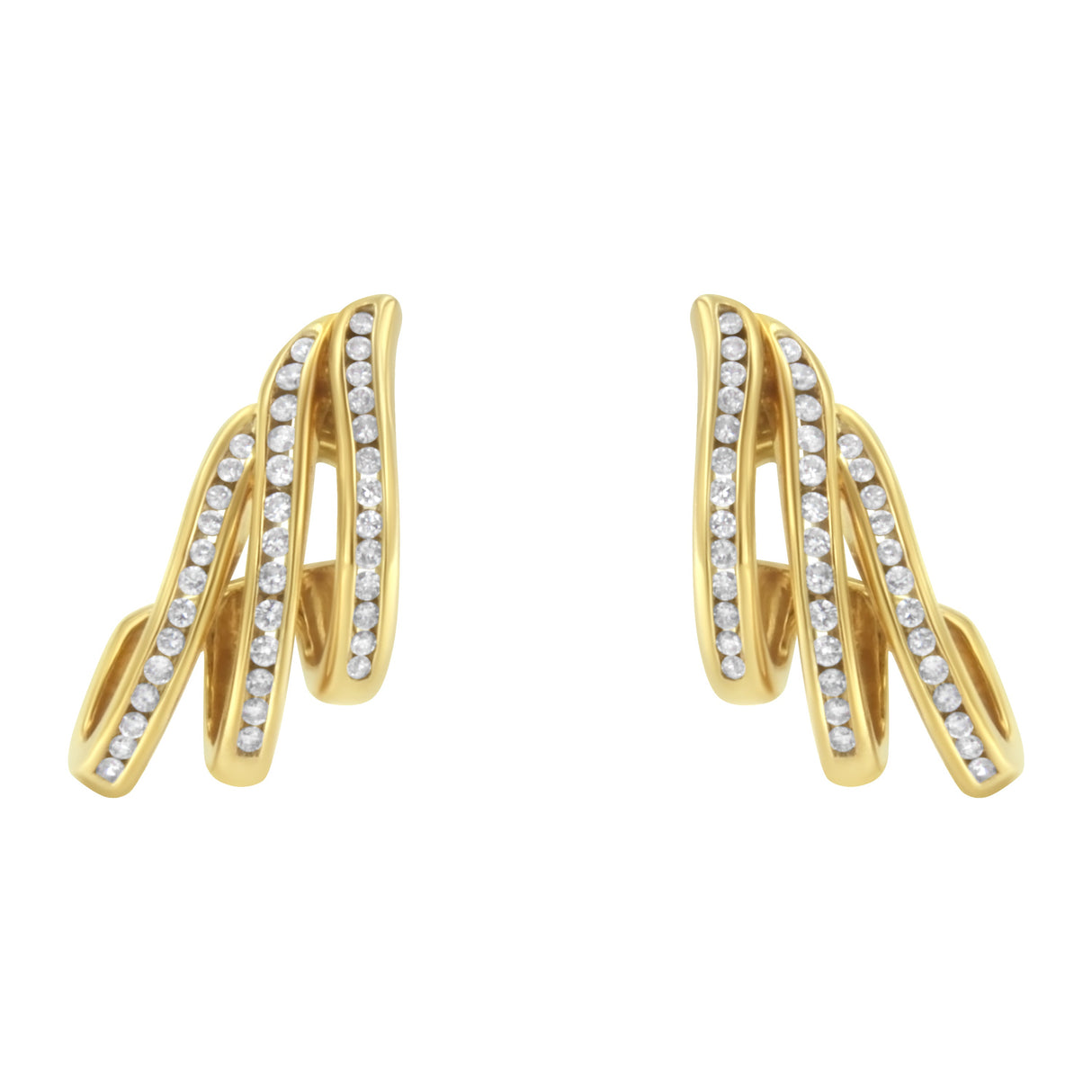10K Yellow Gold 1.0 Cttw Round Brilliant Cut Diamond Spiral Multi Row Channel Set Open Hoop Pushback Stud Earrings (H-I Color, I1-I2 Clarity)