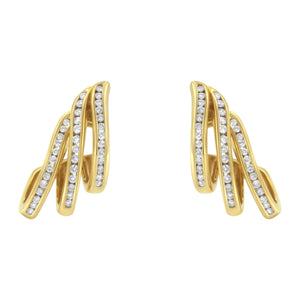 10K Yellow Gold 1.0 Cttw Round Brilliant Cut Diamond Spiral Multi Row Channel Set Open Hoop Pushback Stud Earrings (H-I Color, I1-I2 Clarity)