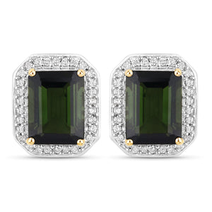 3.57 Carat Genuine Green Tourmaline and White Diamond 14K Yellow Gold Earrings