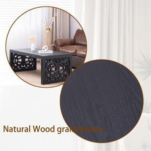 47.2' Solid Black Carved Wood Coffee Table – Handcrafted Look with Ornate Side Panels