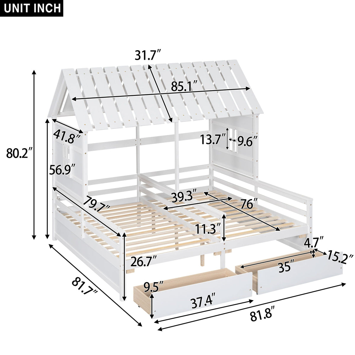 House Platform Beds With 2 Drawers, Side By Side Design