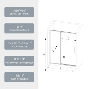 50-54"W x 74"H Pivot Shower Door with 5/16" Tempered Glass - Brushed Nickel Finish