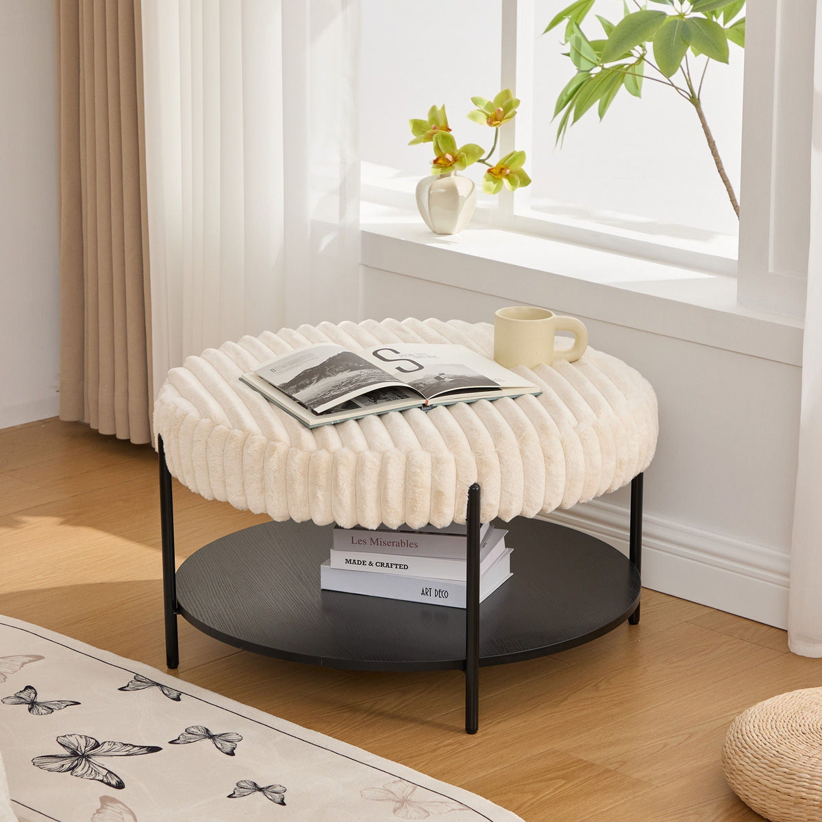 Modern Upholstered Round Ottoman Coffee Table With Storage Shelf