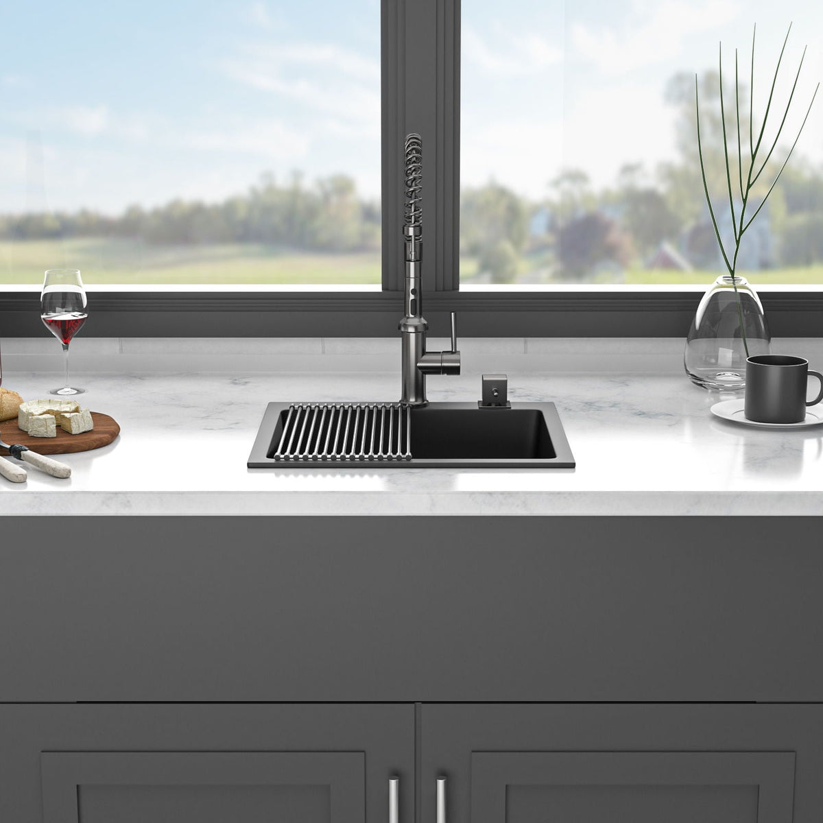 Quartz Kitchen Sink, Granite Composite, Drop In Sink With Durable Design