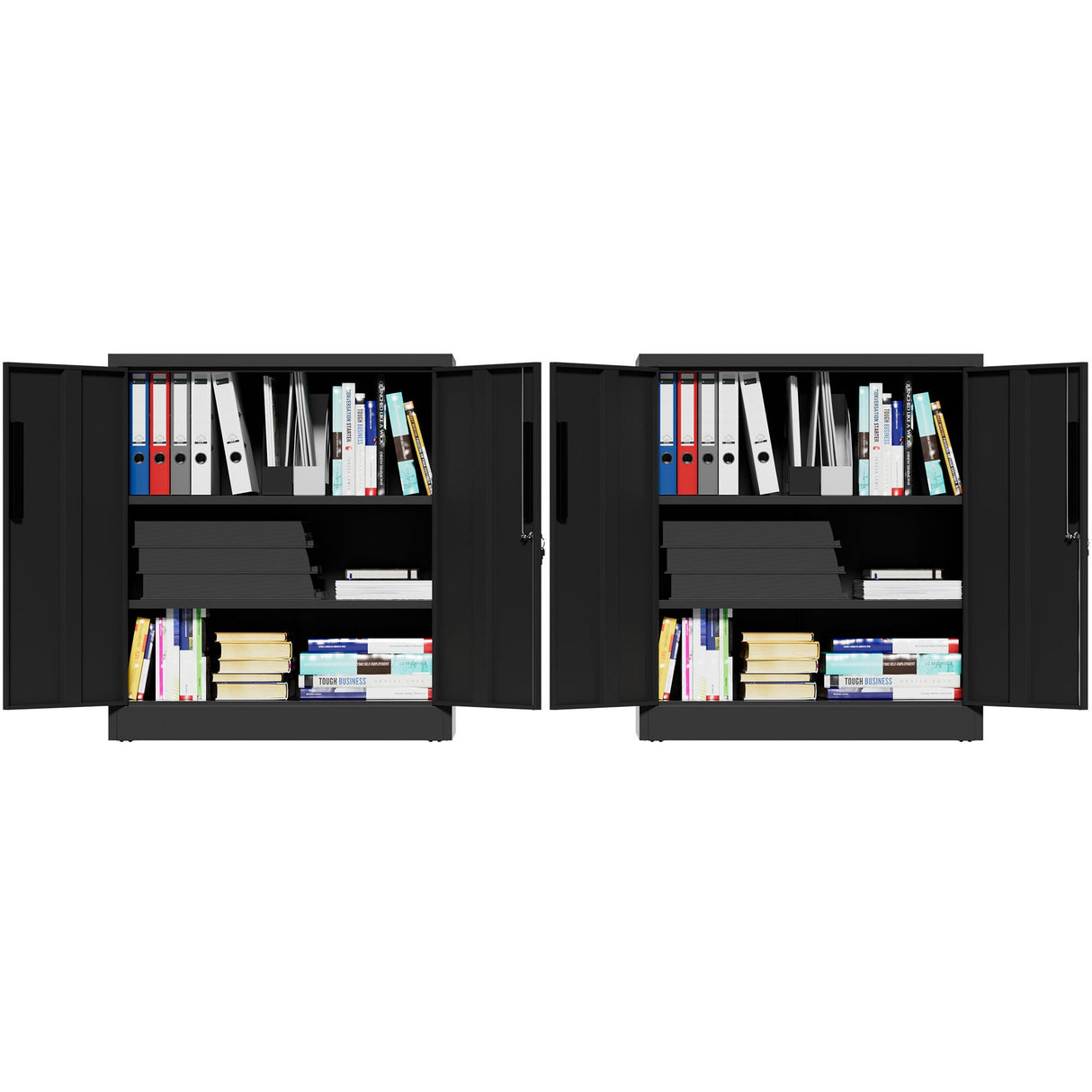 Heavy Duty Storage Cabinet With Lock, 2 Door File Cabinet With 2 Adjustable Shelves - Black