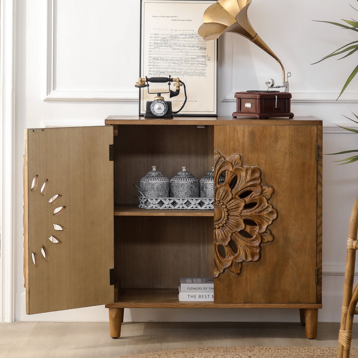 Rustic Hand-Carved Wooden 2-Door Cabinet – Boho Accent Storage Cabinet with Floral Design, Solid Wood Sideboard for Living Room, Entryway, or Bedroom
