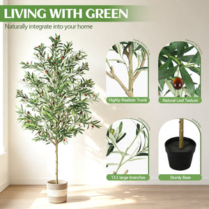 7FT Artificial Olive Tree Indoor Tall Faux with Planter & Basket
