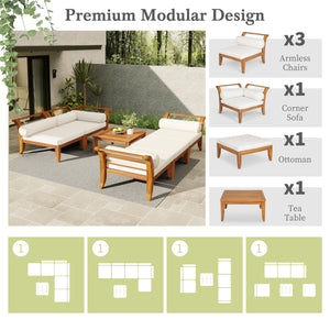 6 Piece Acacia Wood Outdoor Modular Sectional with Daybed - Teak Beige
