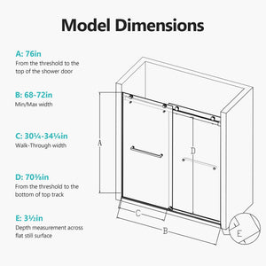 Frameless Double Sliding Soft Close Shower Door, Tempered Glass