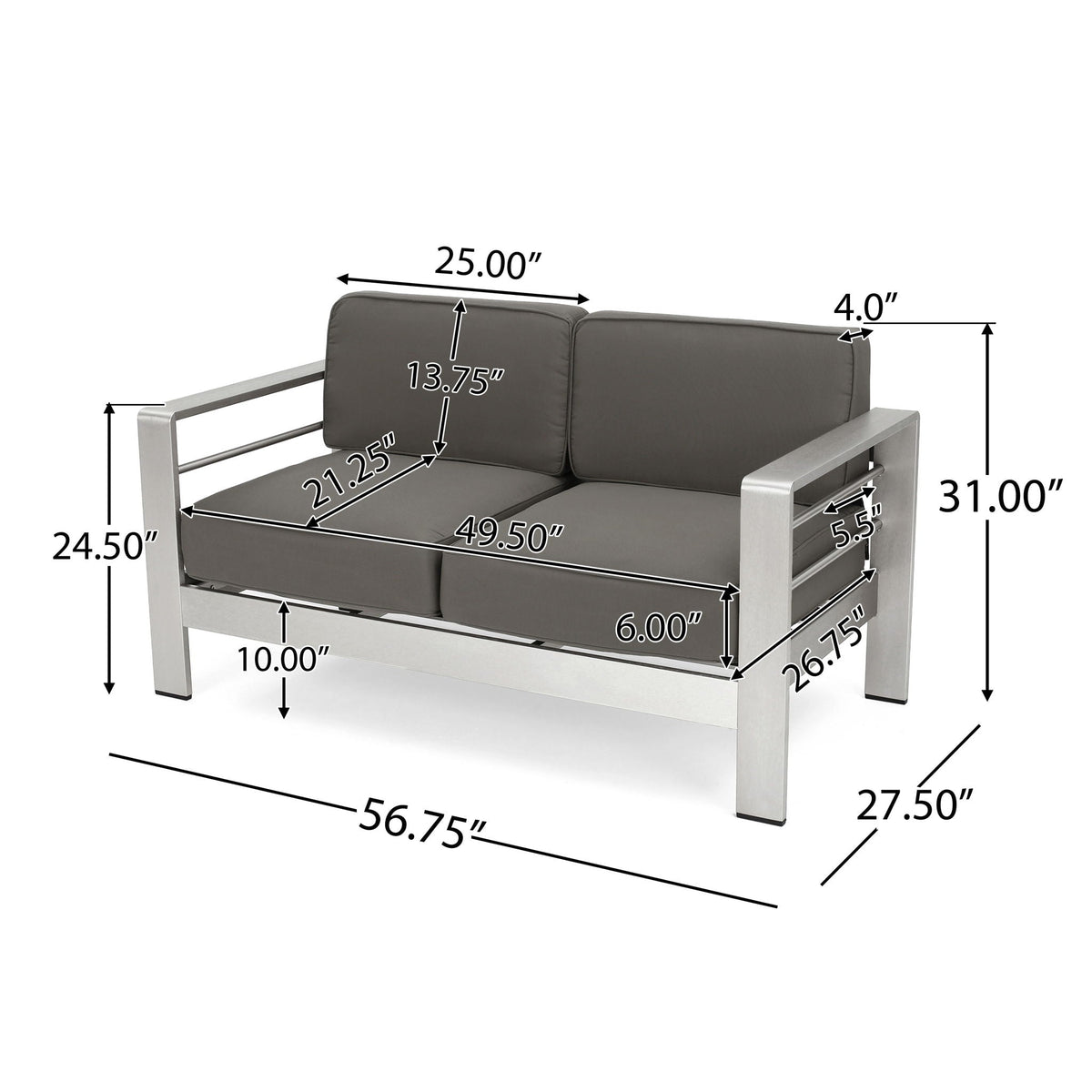 Outdoor Aluminum Loveseat with Plush Cushions - Gray