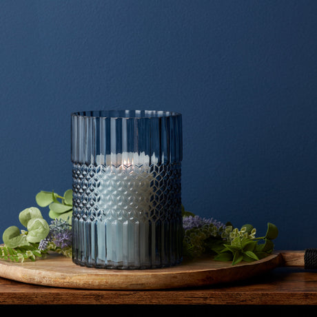 Blue Ribbed Glass Vase or Candle Holder 8"H