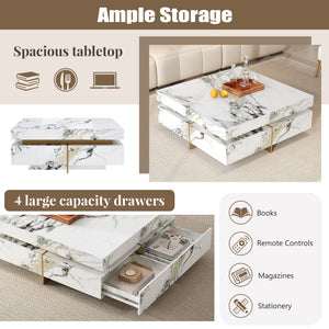 Modern Square Marble Textured Coffee Table with 4 Drawers