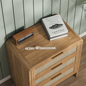 Rattan Nightstand with 3 Drawers set of 2, 22.8' Wide Curved Wooden Bedside Table, Modern Storage for Bedroom, Caramel Oak.
