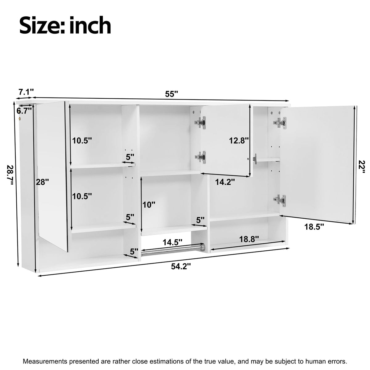 Wall-Mount 3-In-1 Mirror Cabinet with Adjustable Shelf - White