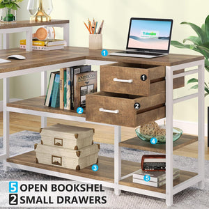 L-Shaped Home Office Desk With Monitor Riser, Drawers, And Storage Shelves