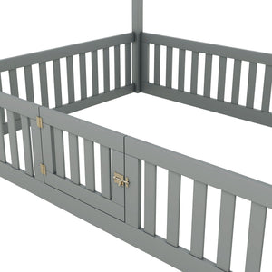 Wood House Bed With Fence And Door