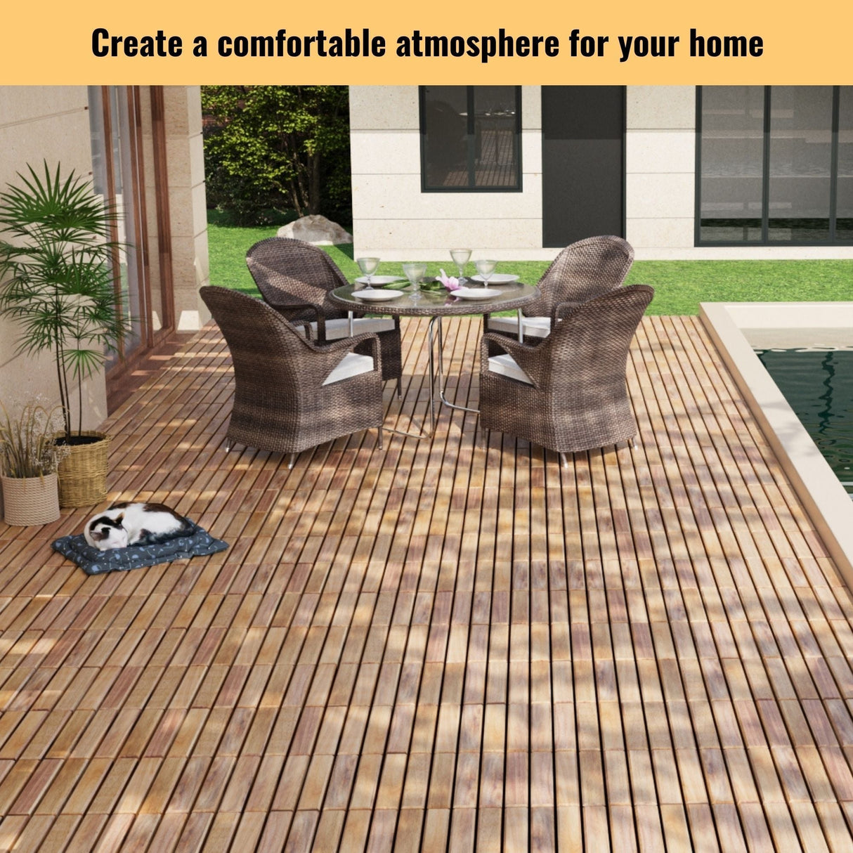 Interlocking Deck Tiles Striped Pattern Waterproof Brown