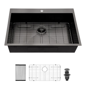 Drop In Kitchen Sink with Nano Technique Gunmetal Finish - Black