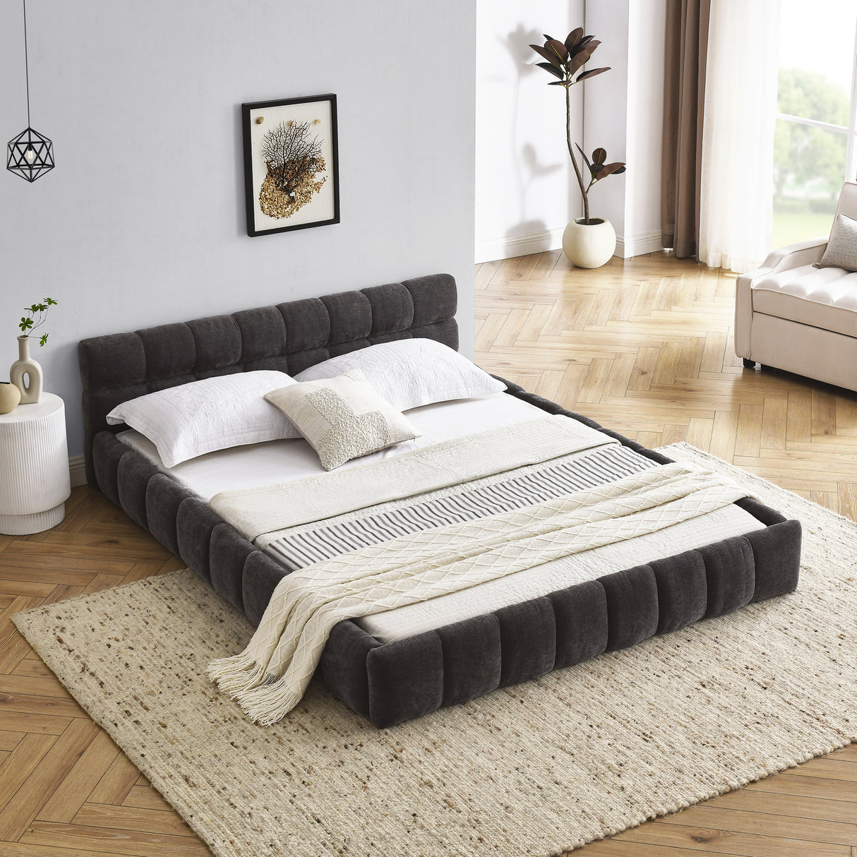 Queen Upholstered Platform Bed Frame with Chenille Fabric, No Box Spring Needed, Dark Grey