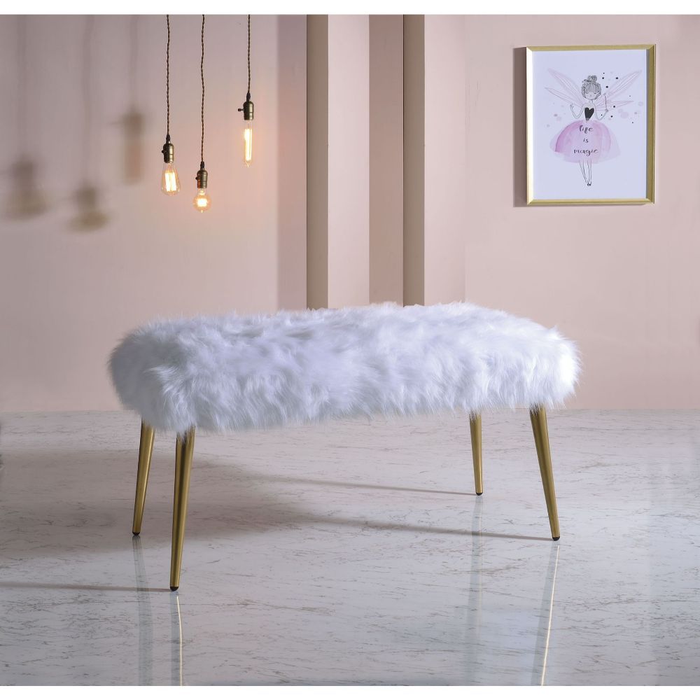 Bagley II - 20" Bench - White Faux Fur & Gold