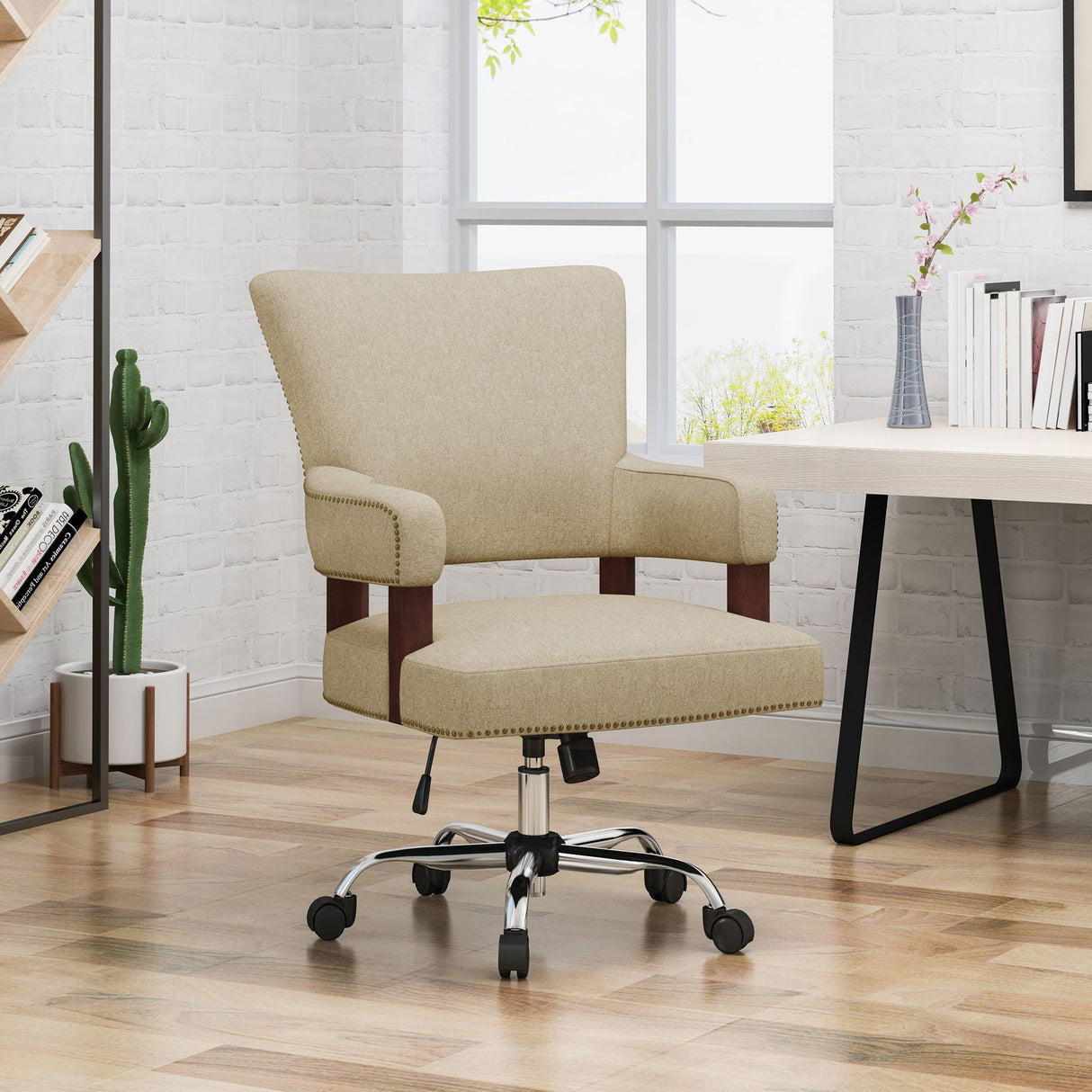 Zealous Upholstered Office Chair with Curved Arms and Nailhead Accents - Wheat