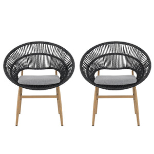 Cyril Outdoor Wicker Papasan Style Dining Chair with Teak Finished Leg and Dark Gray Faux Rattan - Set of 2