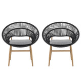 Cyril Outdoor Wicker Papasan Style Dining Chair with Teak Finished Leg and Dark Gray Faux Rattan - Set of 2