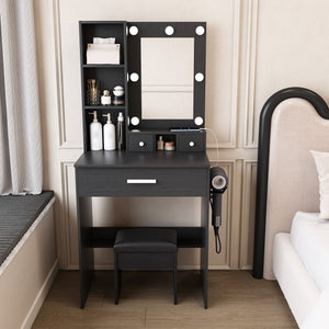 Vanity Set with Mirror, Adjustable LED Lights & Power Outlet - Wood & Mirror