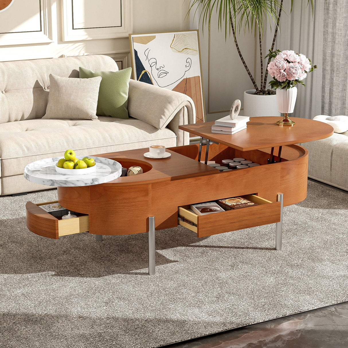 Lift Top Coffee Table with 360 Degree Marble Patterned Rotating Tray