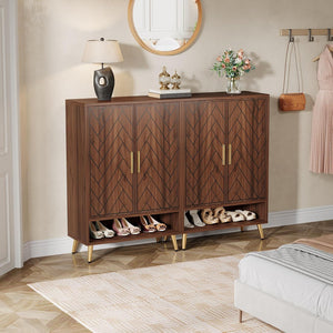 6 Tier Wooden Entryway Shoe Cabinet, Wide Storage Unit For 24 Pairs Of Shoes - Walnut