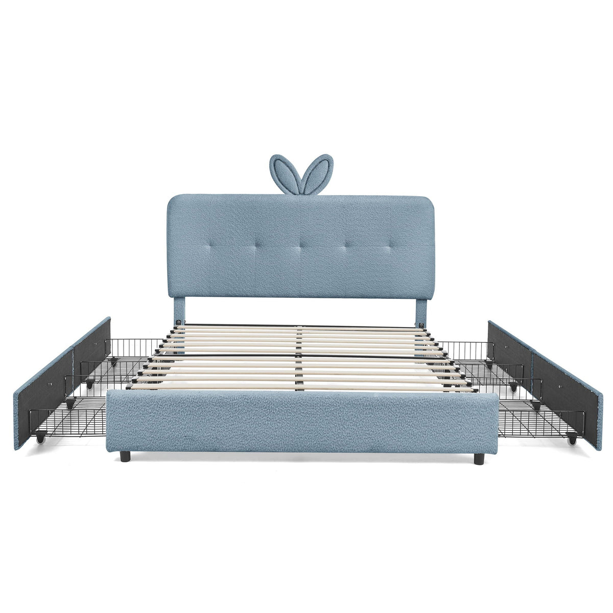 Upholstered Bed With Oversized Rabbit Ear Headboard, LED Lights & 4 Storage Drawers