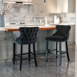 Contemporary Upholstered Wing-Back Barstools With Button Tufted Decoration And Wooden Legs, And Nailhead Trim, Leisure Style Bar Chairs, Bar Stools (Set of 2)