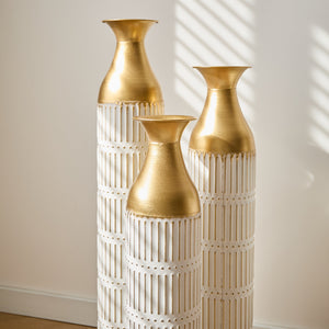 Floor Metal Vases Set of 3 - White with Gold Accents