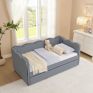 Cozy Gingham Daybed with Trundle Twin Size Sofa Bed