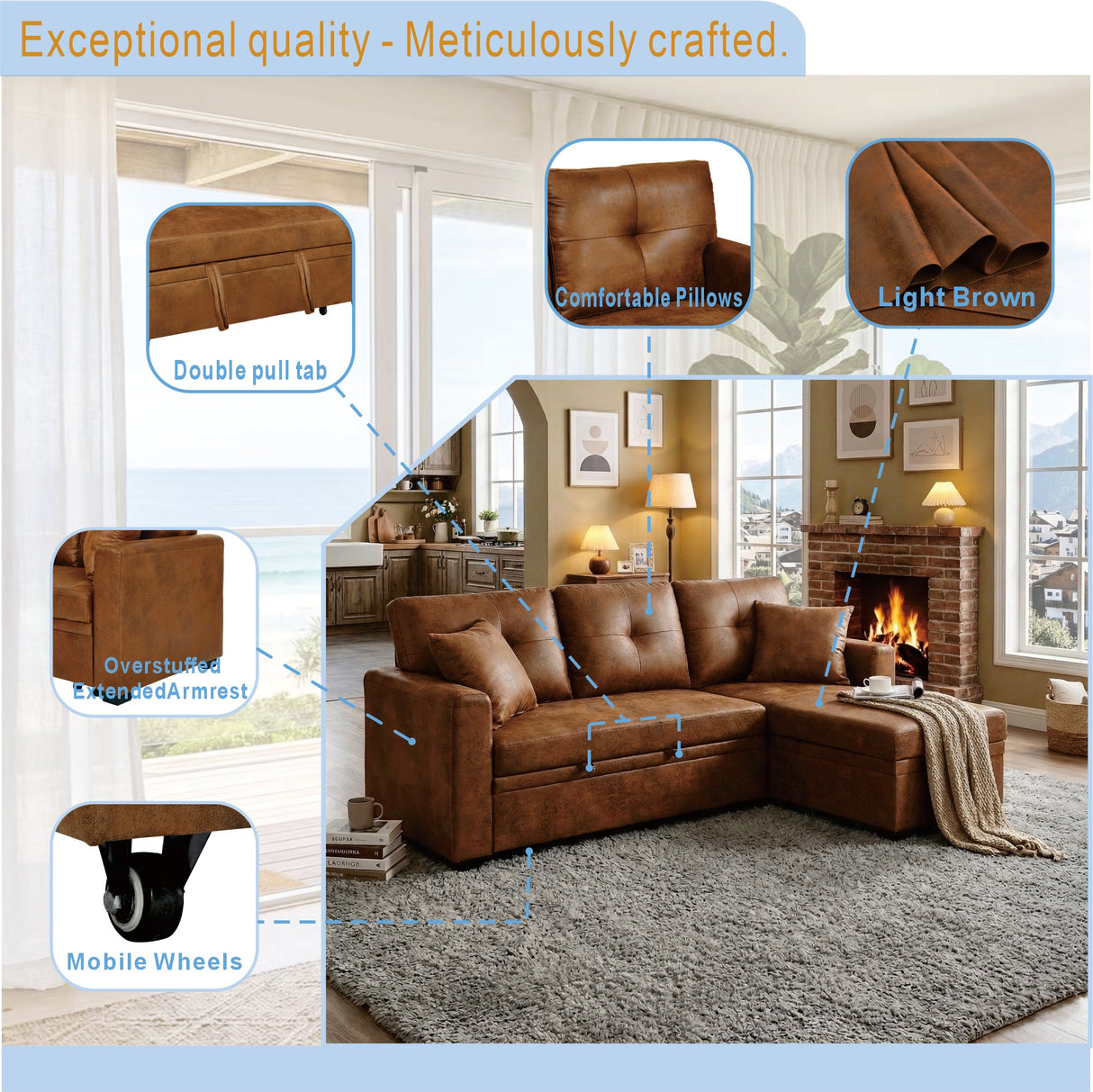 Reversible Chaise Sleeper Sofa with Pull-Out Bed