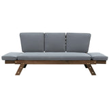 Outdoor adjustable patio wooden daybed sofa chaise lounge with cushions for small places, brown finish+gray cushion