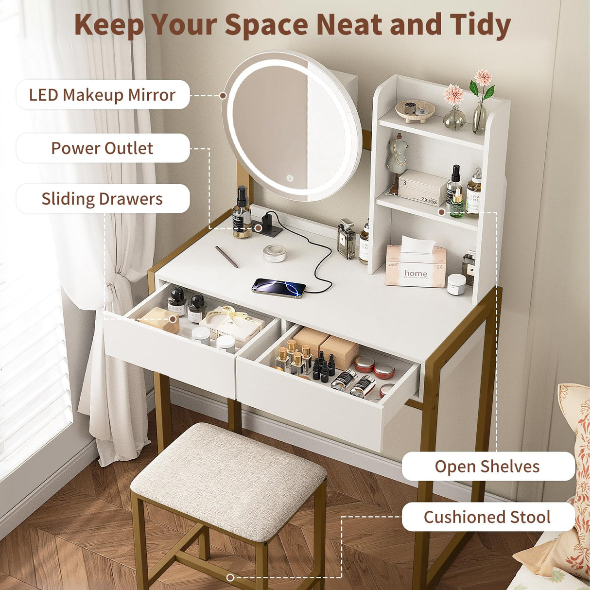 Small Vanity Desk with Mirror and Lights