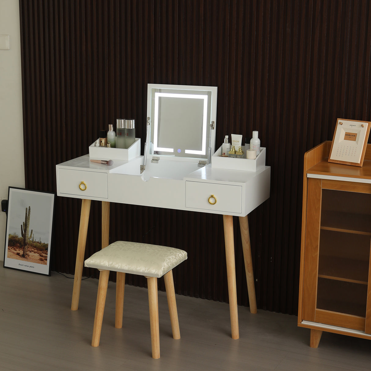 Vanity desk set with led lighted mirror & power outlet