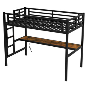 Metal Twin XL Size Loft Bed with Power Outlet and LED Light