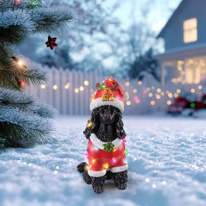 Festive Black Poodle Christmas Statue
