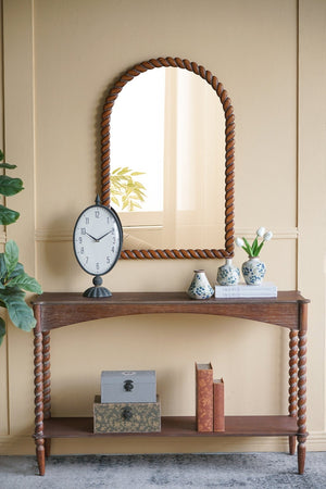47x14x30" Rustic Brown Wood Console Table with Turned Spiral Legs and Lower Shelf