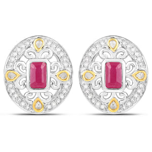 0.77 Carat Genuine Ruby and White Diamond .925 Sterling Silver Earrings